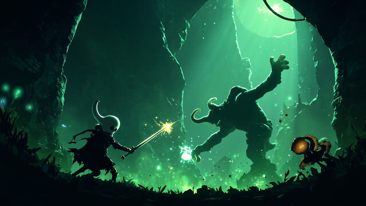 The Knight battles foes across Hallownest stunning hand-painted environments