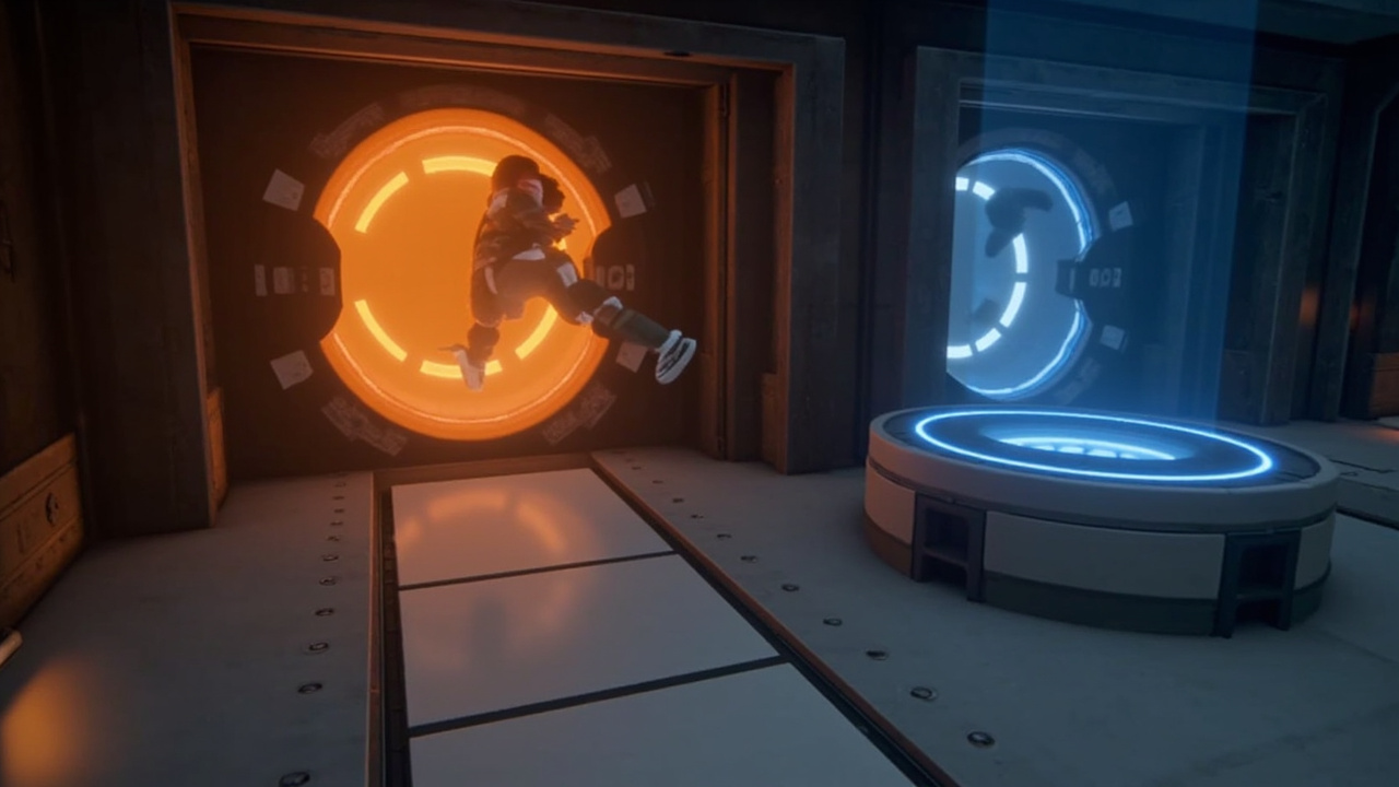 Portal 2 gameplay showing a test chamber with blue and orange portals